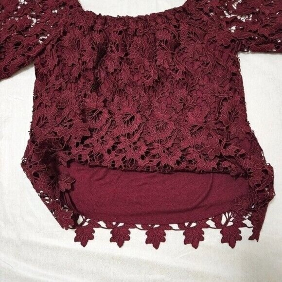 Astars Top Womens XS Burgundy Lace Lined Off Shoulder Floral Stretch Coquette - Picture 9 of 10